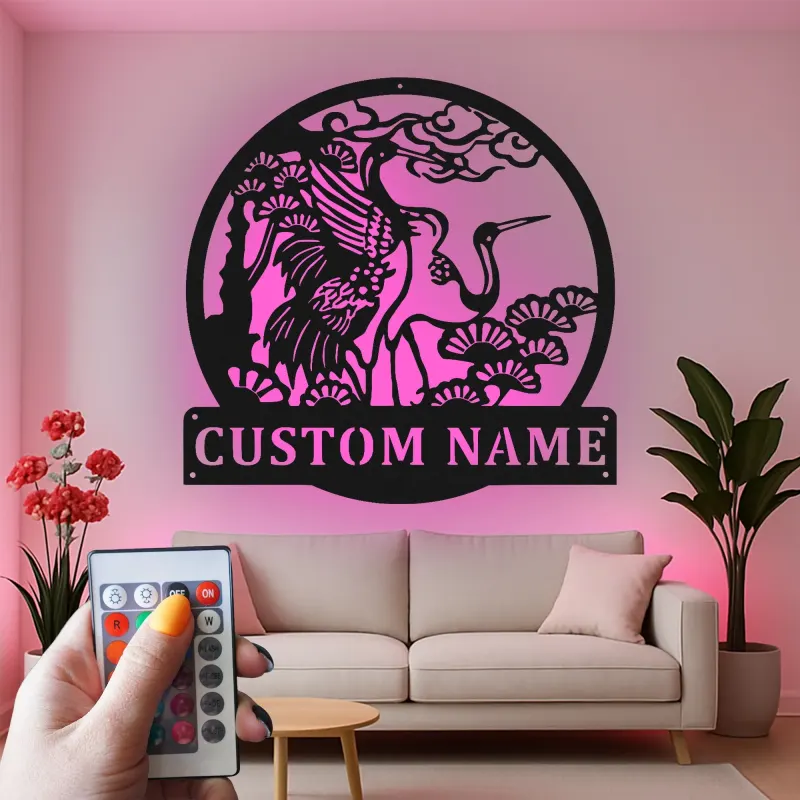 Custom Crane and Pine Led Light Metal Wall Art Personalized Nature Lover Gift Living Room or Garden Decor