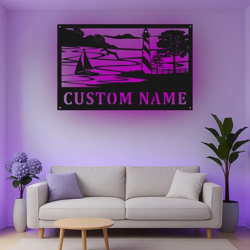 Décoration murale en métal personnalisée avec phare et voilier et rétroéclairage pour les amoureux de la plage