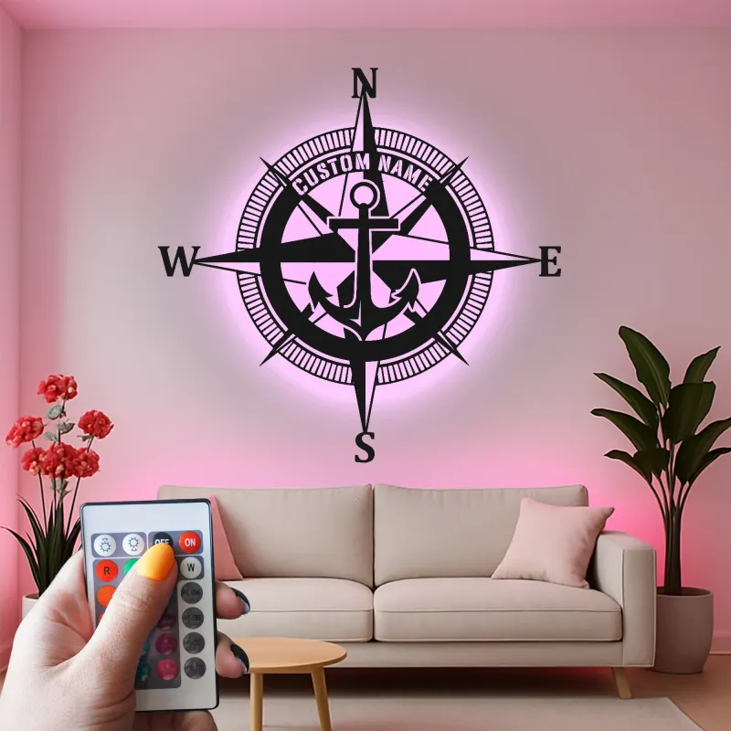 Insegna LED Personalizzata con Bussola Nautica | Insegna in Metallo con Ancora | Decorazione Costiera per Casa e Barca