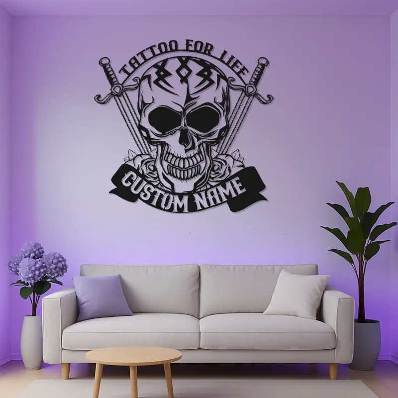 Personalized Skull & Swords LED Sign | Custom Tattoo Metal Wall Art | Gothic Home & Studio Decor | Unique Backlit Name Plaque