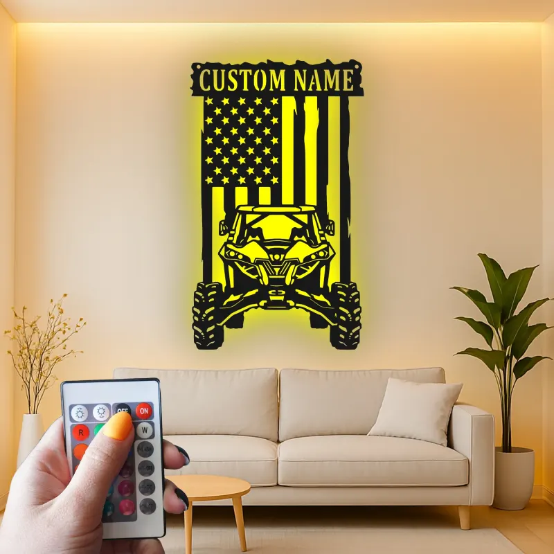 Insegna in metallo LED personalizzata con bandiera americana per ATV - Regalo per appassionati di fuoristrada, decorazione per garage o man cave