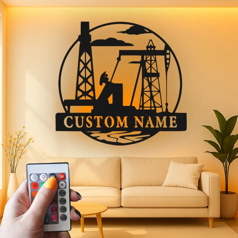 Cartel de metal personalizado de torre petrolífera | Arte mural LED industrial para oficina | Decoración personalizada con nombre de roughneck | Regalo para trabajador del sector petrolero
