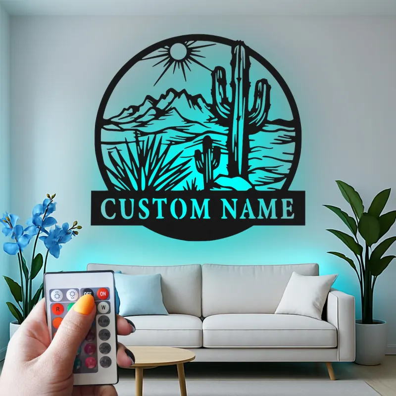 Personalisierte Wüstenkaktus-Wandkunst mit LED-Licht aus Metall – Southwest-Geschenk, Deko für Wohnzimmer oder Terrasse 1