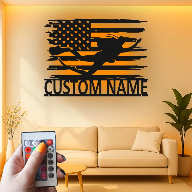 Arte Mural de Metal de Buceador Personalizado | Cartel LED de Bandera Americana | Regalo de Nombre Personalizado para Buceador | Decoración Patriótica para Hogar y Oficina