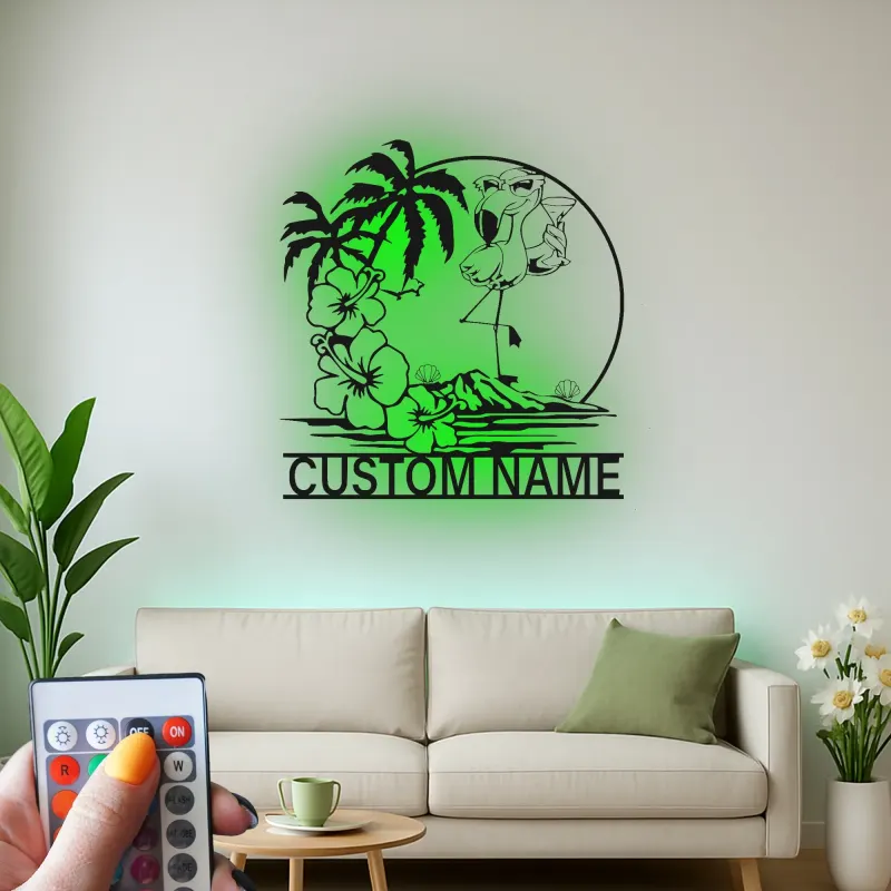 Cartel LED de flamenco personalizado | Arte mural tropical personalizado | Decoración de casa de playa para patio o bar junto a la piscina | Placa de nombre iluminada