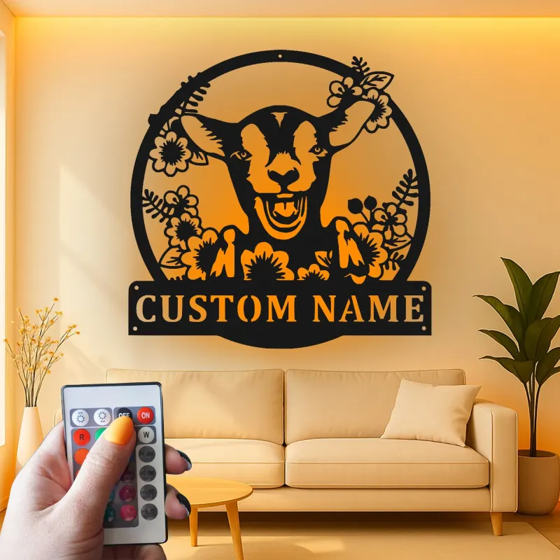 Insegna LED personalizzata con capra | Insegna in metallo personalizzata | Decorazione rustica farmhouse per amanti delle capre e camerette