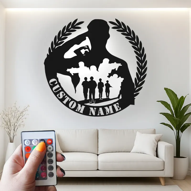 Panneau LED Soldat Saluant | Hommage Militaire Personnalisé | Décoration de Nom de Vétéran sur Mesure | Art Murale Patriotique