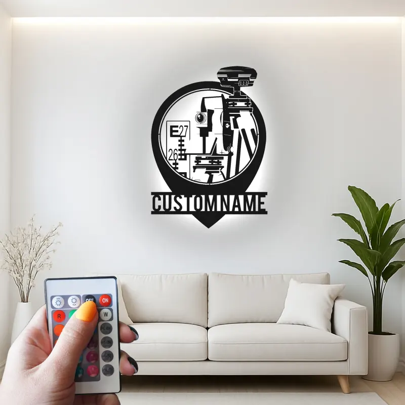 Panneau géomètre-topographe personnalisé | Décoration murale en métal LED | Décor de bureau pour ingénieur civil | Cadeau de topographie avec nom
