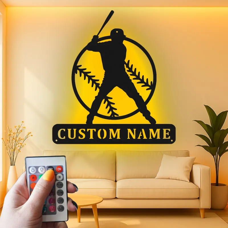 Décoration murale en métal personnalisée joueur de baseball avec rétroéclairage LED