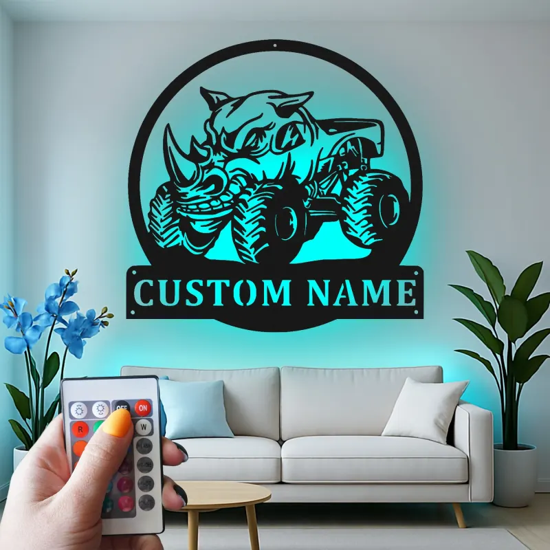 Personalized Monster Truck LED Sign | Custom Rhino Metal Wall Art | Boys Room & Man Cave Decor | Off-Road Name Plaque