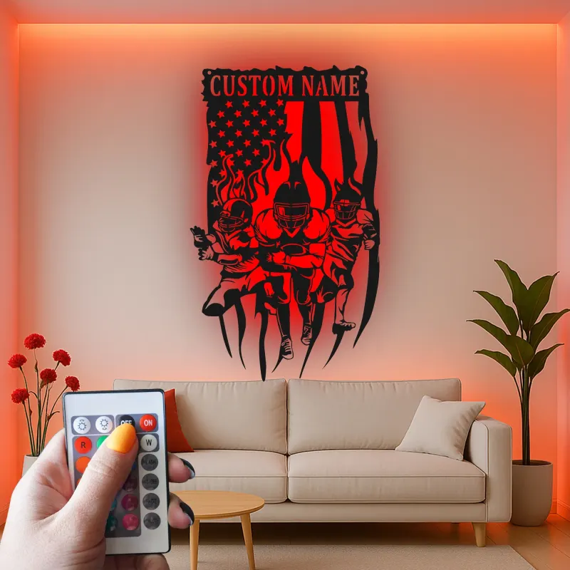 Cartel LED metálico personalizado de fútbol americano | Arte mural con nombre a medida | Decoración para habitación infantil y sala de juegos | Regalo para deportistas con bandera estadounidense