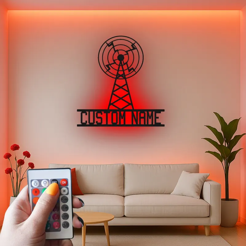 Personalisierte LED Metall-Wandkunst eines Funkmastes | Individuelles Retro-Broadcasting-Schild | Vintage Radio Antenne Dekor für Studio & Büro