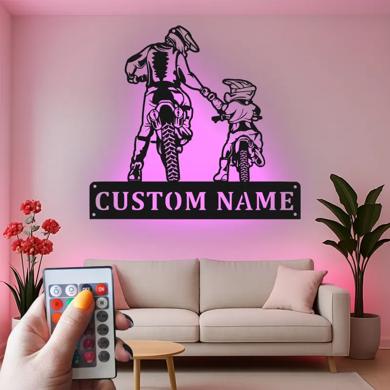 Cartel de metal personalizado con luz LED para padre e hijo motocross, regalo único para papá, decoración para garaje o man cave