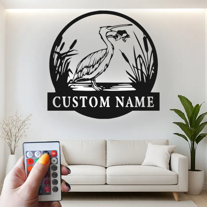 Insegna in metallo personalizzata con Airone e luci LED | Arte murale di fauna selvatica personalizzata | Decorazione per casa al lago e patio esterno