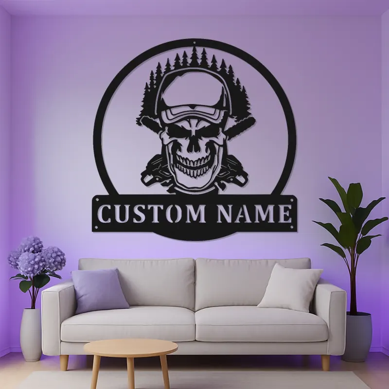 Panneau Métallique LED Crâne de Bûcheron | Art de Nom de Bûcheron Personnalisé | Décor Rustique de Forestier pour Garage ou Coin des Hommes | Cadeau pour Lui