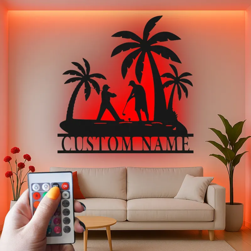 Custom Golf LED Sign | Personalized Metal Wall Art for Man Cave | Tropical Golfer Gift for Dad | Home Bar Decor