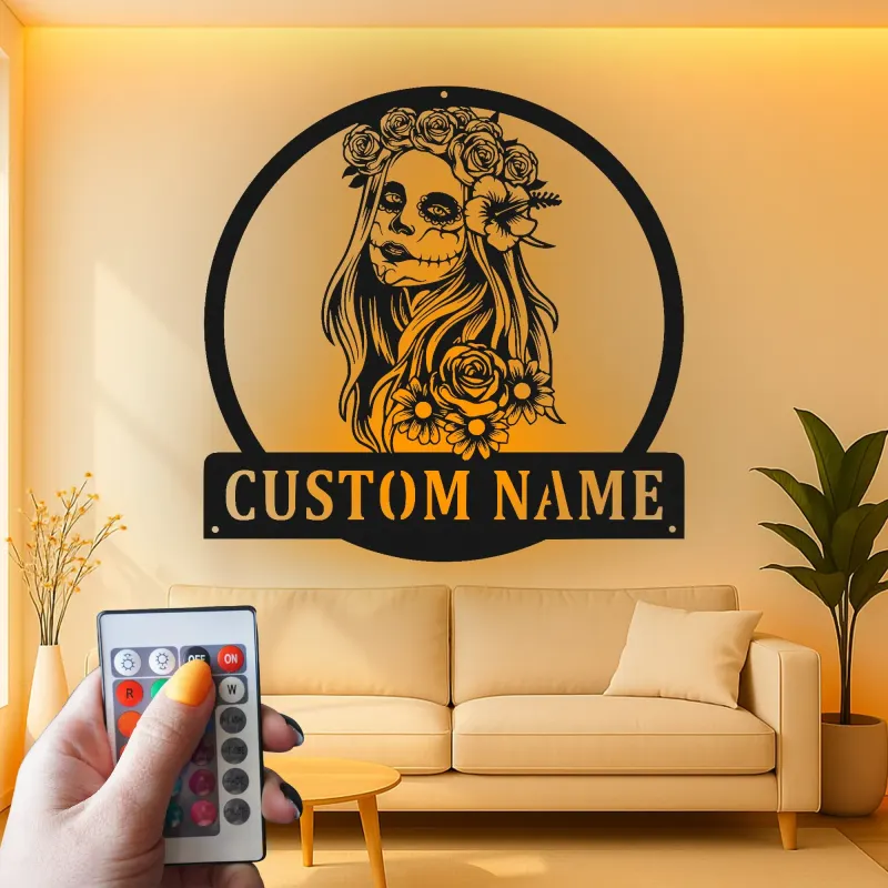 Personalisierte LED-Metall-Wandkunst „Tag der Toten“ Frau – Geschenk für Sie, Wohn- oder Schlafzimmerdeko