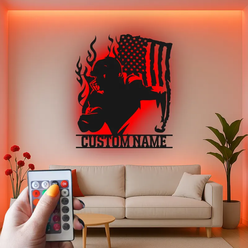 Plaque LED personnalisée joueur de football américain | Décoration murale en métal personnalisée pour salle de jeux | Cadeau pour adolescent sportif