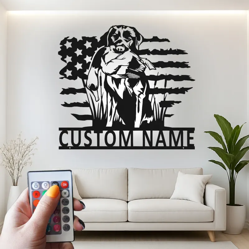 Décoration murale en métal Labrador Retriever | Cadeau personnalisé pour chasseur avec lumières LED | Décor patriotique pour chien