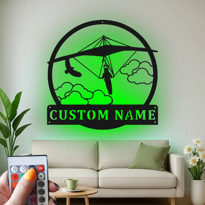 Insegna LED personalizzata con deltaplano | Insegna in metallo personalizzata | Regalo per pilota e arredo sportivo per man cave o ufficio