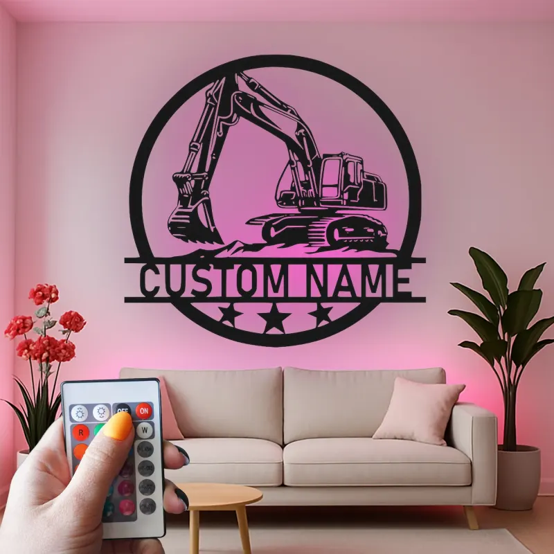 Décoration murale en métal LED personnalisée pour excavateur - Cadeau pour passionnés de construction, décoration de garage ou de bureau