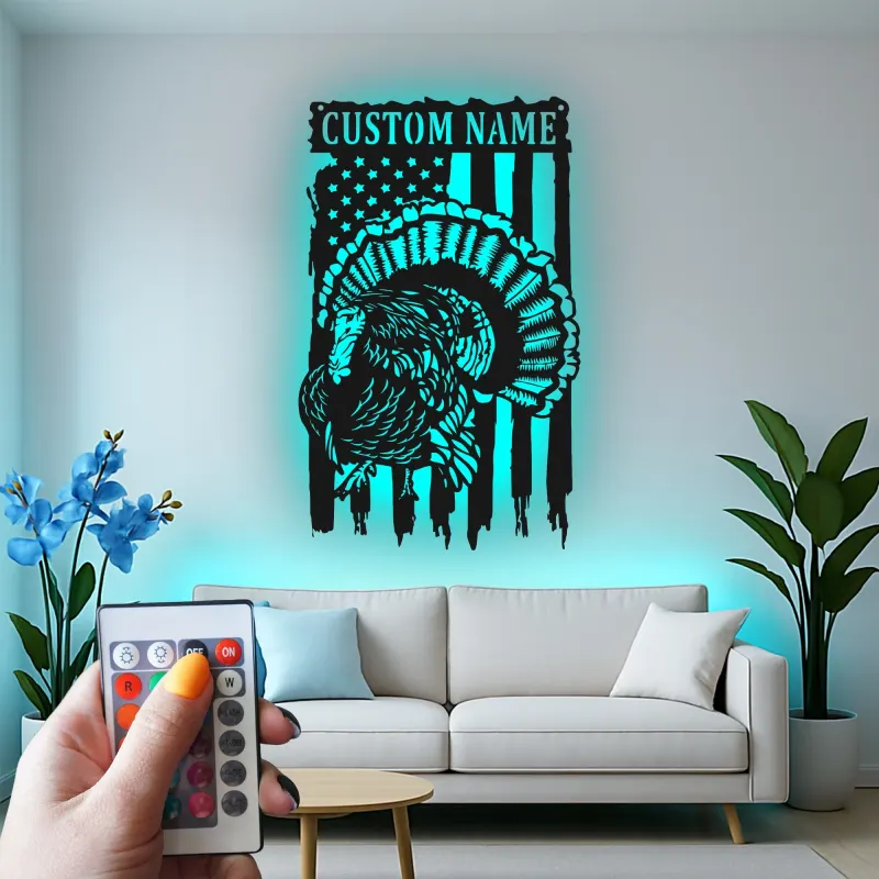 Personalisiertes LED-Metallschild mit Truthahn und amerikanischer Flagge