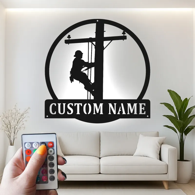 Lineman LED Metal Wall Art | Personalized Electrician Name Sign | Custom Utility Worker Gift