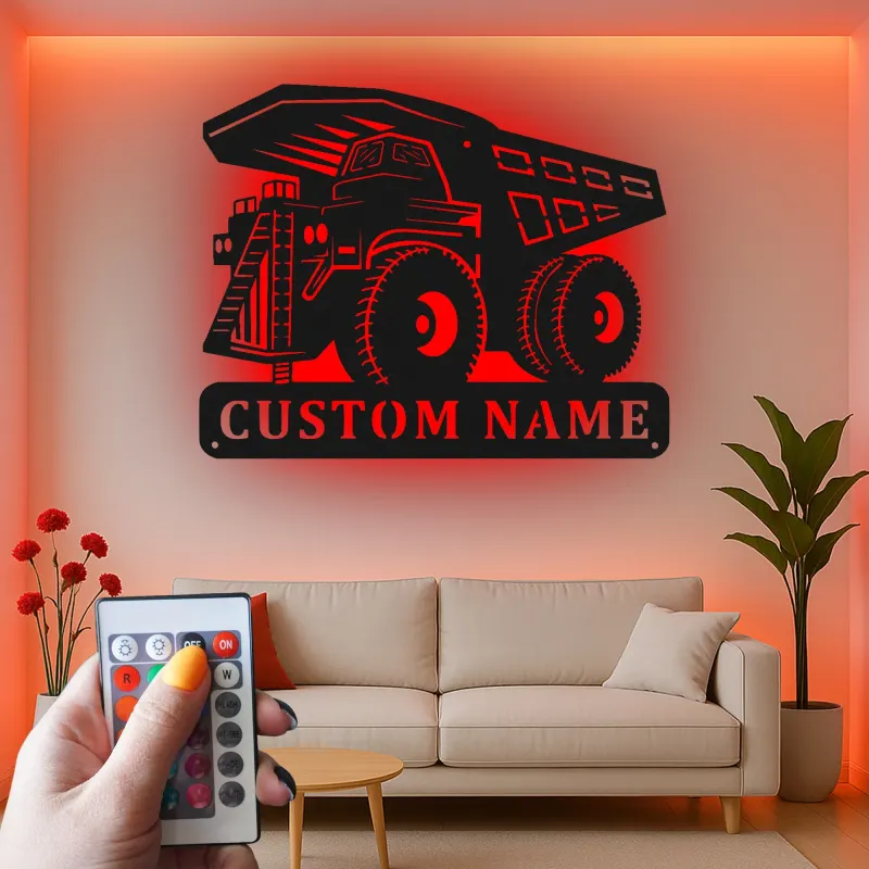 Insegna in metallo LED personalizzata a tema camion ribaltabile per appassionati di costruzione, decorazione per cameretta
