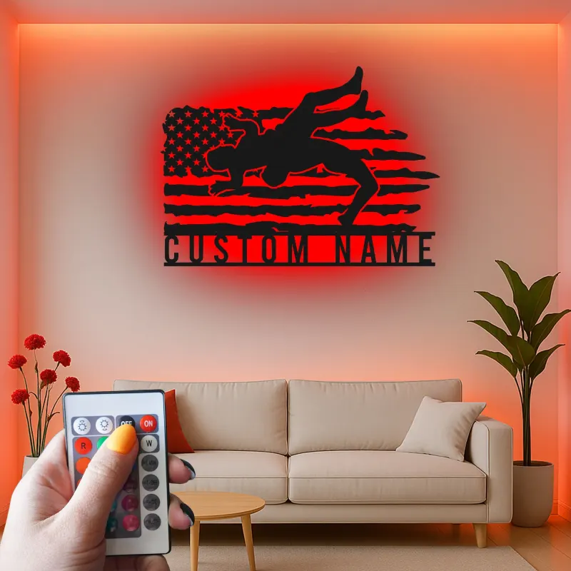 Décoration murale en métal personnalisée avec éclairage LED Lutte Américaine Drapeau Cadeau Sportif Personnalisé pour Athlètes Décor de Gym ou de Chambre