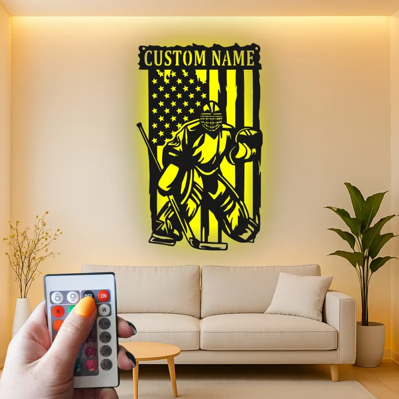 Cartel personalizado de portero de hockey | Decoración mural LED de metal personalizada | Decoración patriótica para cueva del hombre para aficionados al hockey
