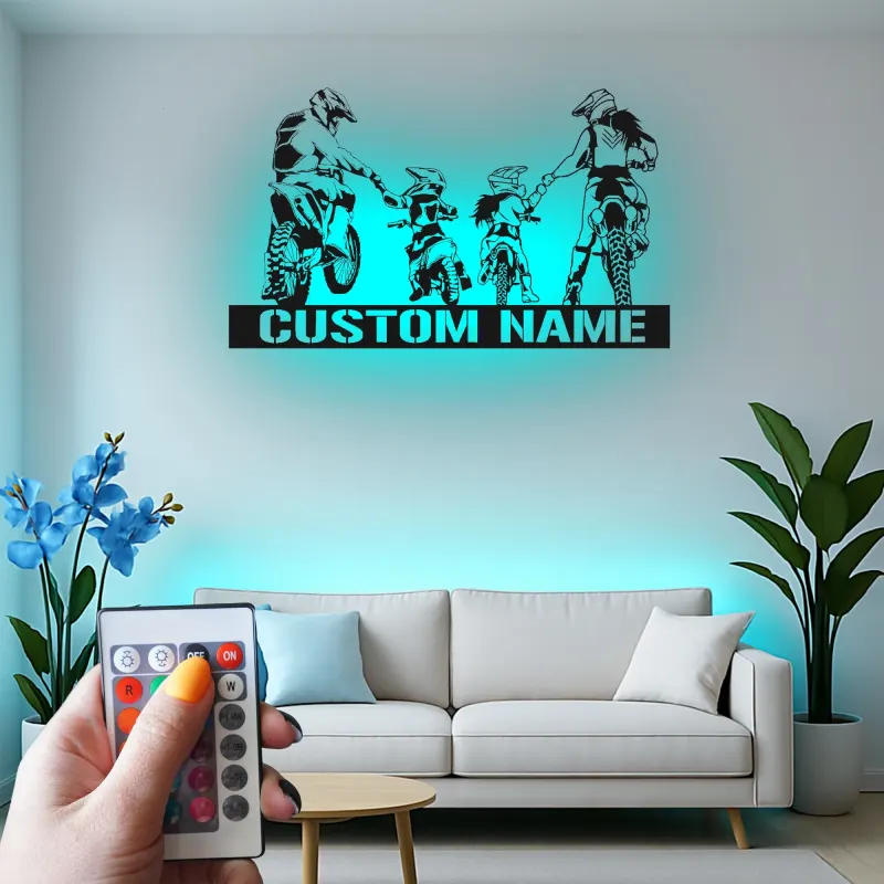Custom Family Motocross Led Light Metal Wall Art Personalized Gift for Dirt Bike Enthusiasts Garage or Game Room Decor