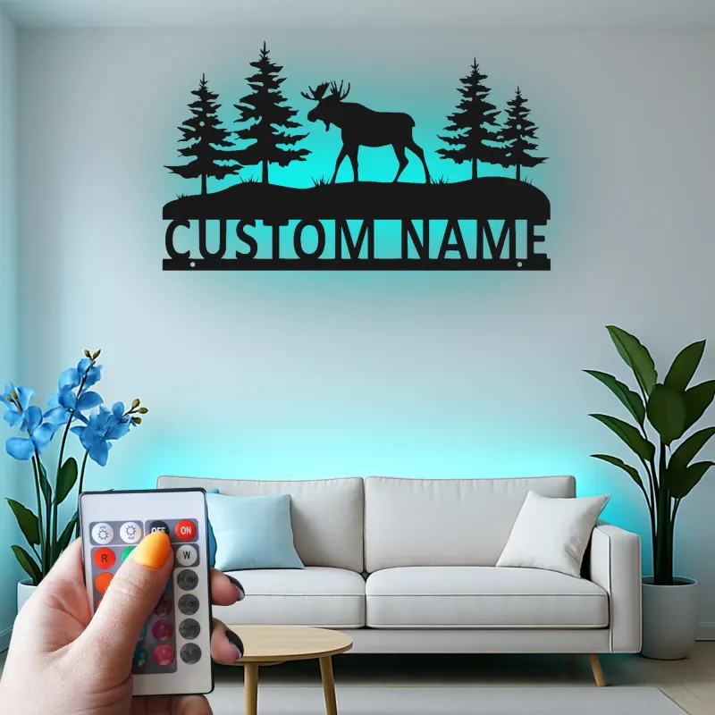 Custom Moose Metal Wall Art | Personalized LED Sign for Cabin Decor | Rustic Forest Scene for Outdoorsman Gift | Backlit Wildlife Art