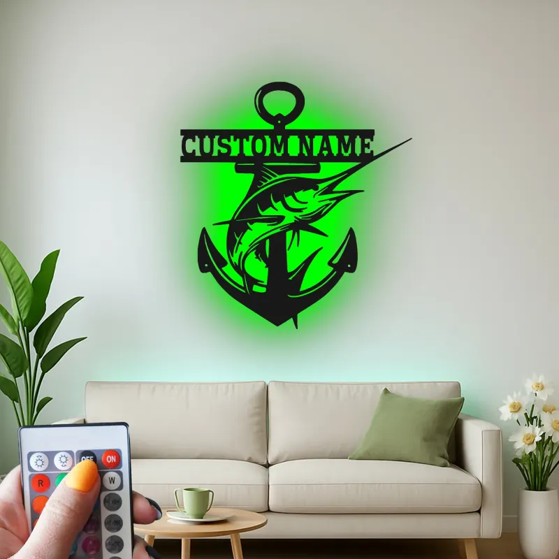 Custom Marlin Anchor Sign | Personalized LED Metal Wall Art | Deep Sea Fishing Decor for Man Cave Gift | Nautical Wall Decor