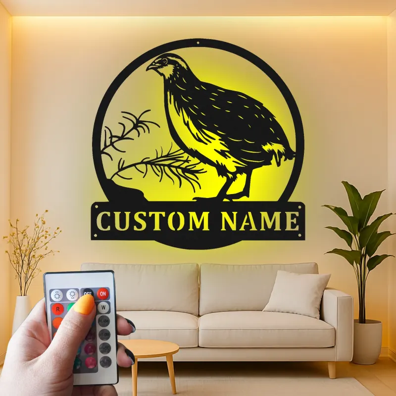 Décoration murale en métal personnalisée avec caille et rétroéclairage LED - Cadeau pour amoureux des oiseaux, décoration rustique de ferme