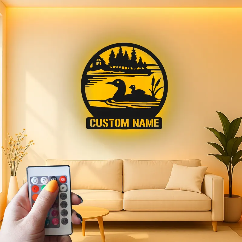 Panneau métallique personnalisé plongeon huard avec LED | Décoration murale pour maison de lac | Déco rustique pour amoureux de la nature