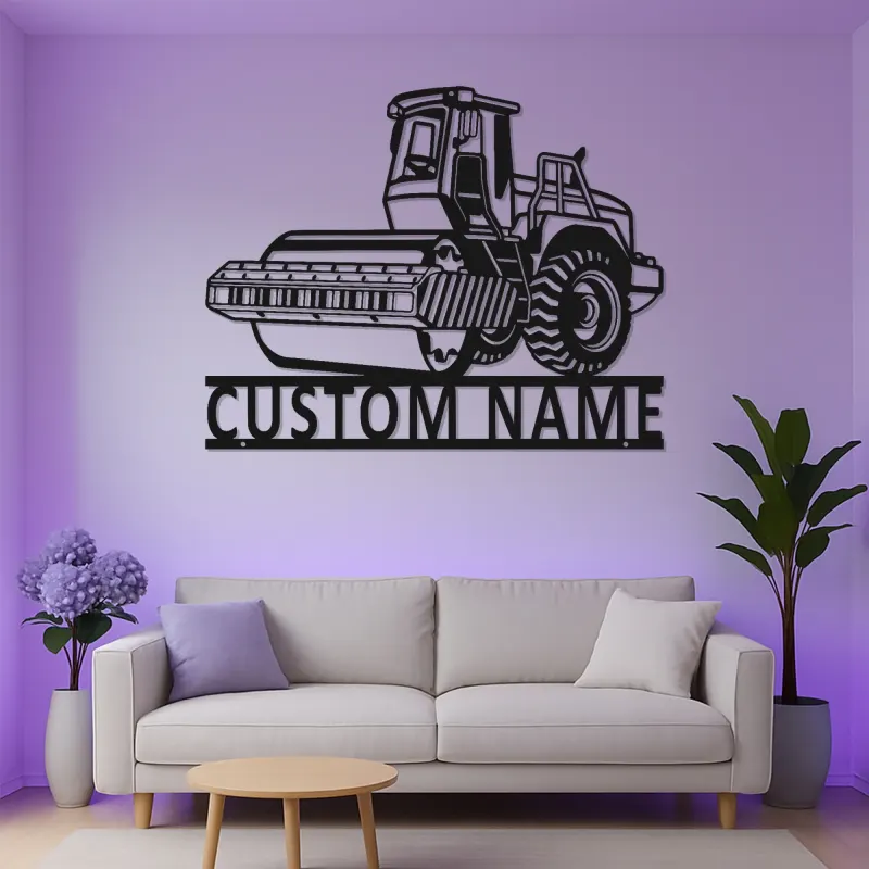 Arte mural de metal de rodillo de carretera | Cartel LED de construcción personalizado | Decoración de maquinaria pesada personalizada para regalo de contratista
