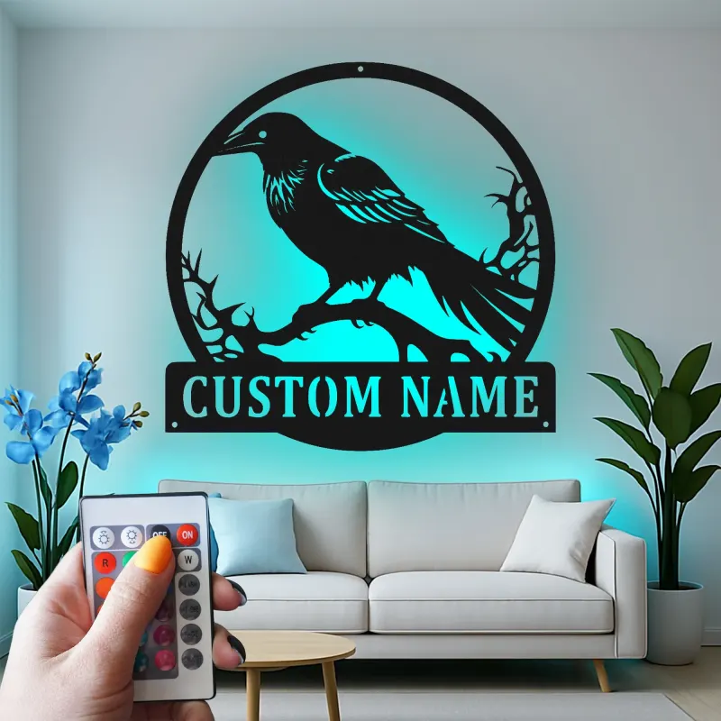 Raben Silhouette LED Schild | Individuelle Metall Wandkunst | Personalisierte Gothic Krähen Dekor für Zuhause, Garten & Halloween Geschenk