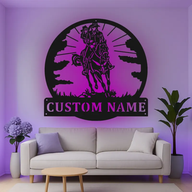 Décoration murale en métal personnalisée représentant un couple de cowboys à cheval avec rétroéclairage LED - Cadeau western - Décor rustique pour la maison