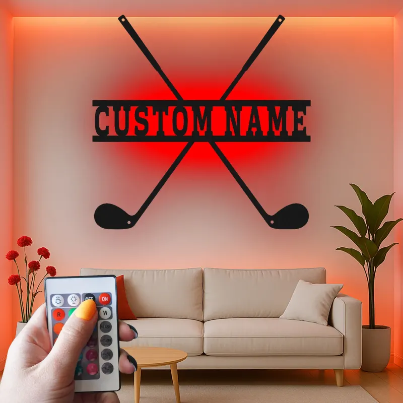 Personalisierte Golfclubs LED-Schild | Metall-Namenskunst für die Wand