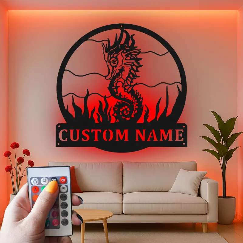 Panneau LED Personnalisé Hippocampe | Décoration Murale en Métal Nautique Personnalisée | Décor pour Maison Côtière & Maison de Plage