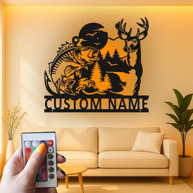 Insegna in metallo personalizzata con cervo e pesce persico retroilluminata LED regalo per amanti della natura decorazione per cabin o man cave