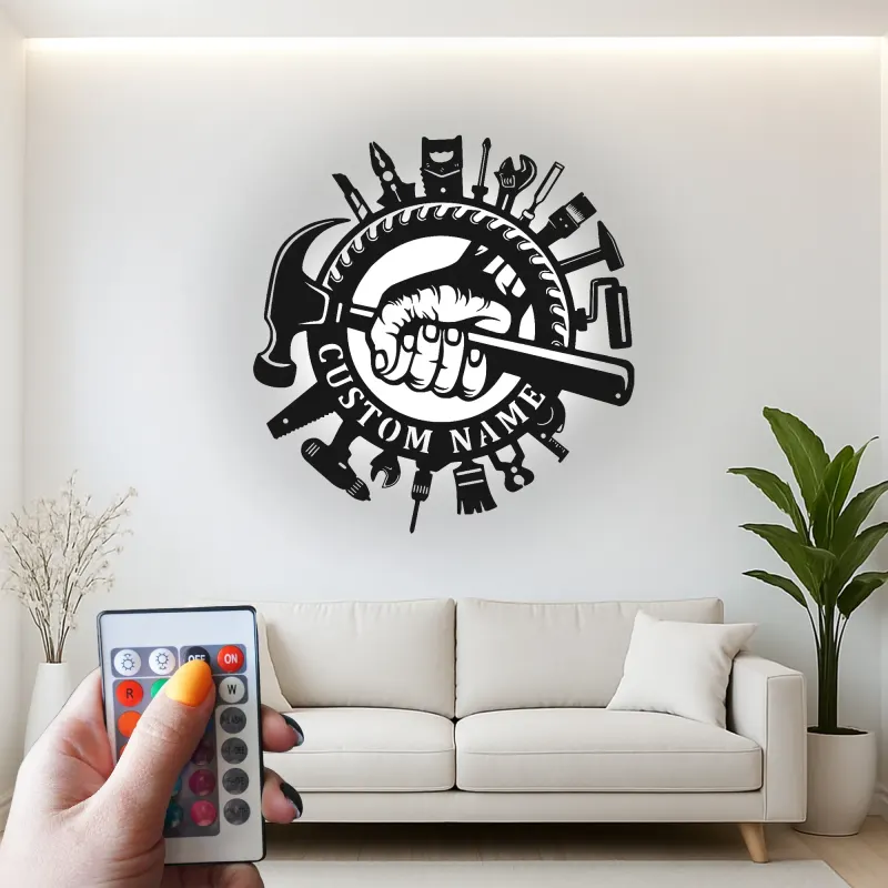 Panneau artisan personnalisé | Décoration murale LED en métal pour garage | Déco d’atelier sur mesure | Cadeau pour menuisier ou ébéniste