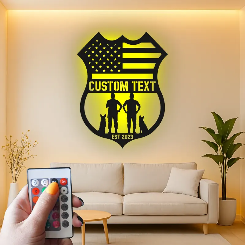 Police Officer & K9 Unit LED Sign | Personalized Law Enforcement Metal Art | Custom American Flag Shield | Police Officer Gift