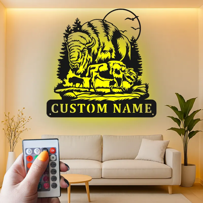 Décoration murale en métal personnalisée avec bison et forêt en rétroéclairage LED - Cadeau faune rustique pour cabane