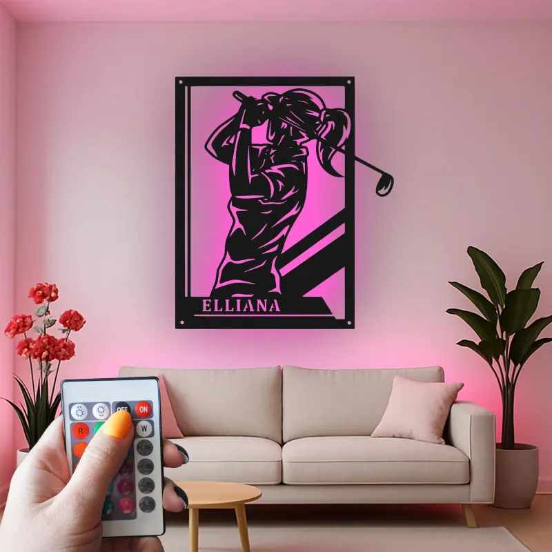 Panneau en métal personnalisé de golfeuse | Décoration murale LED personnalisée | Cadeau pour amoureuse du golf | Décor de salle de sport