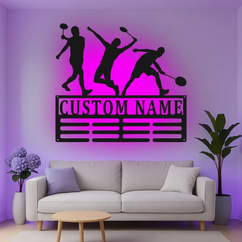 Décoration murale en métal personnalisée avec rétroéclairage LED de joueur de badminton, cadeau pour passionnés de sports, décor de salle de jeux