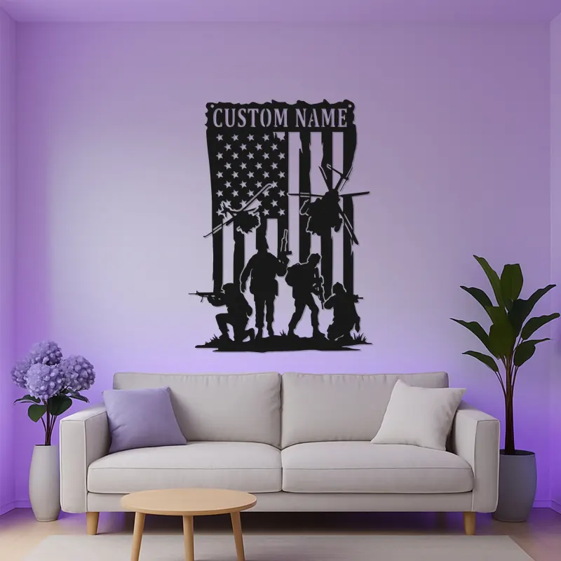 Panneau Militaire Personnalisé | Art en Métal Silhouette de Soldat | Décor LED Drapeau Américain pour Anciens Combattants