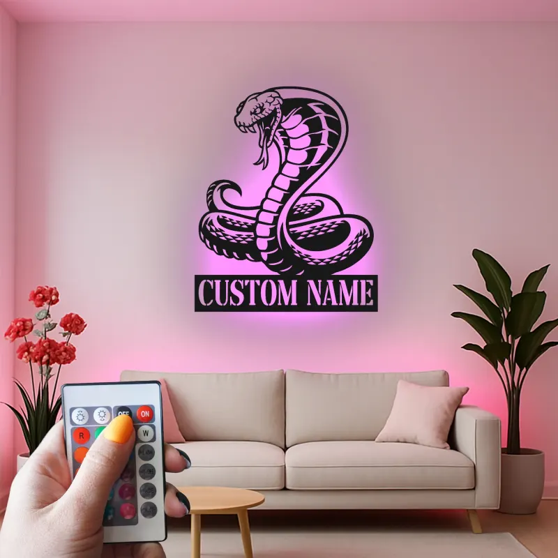 Cartel de cobra personalizado con LED | Arte mural de serpiente personalizada | Regalo para amante de reptiles | Decoración exótica para sala de juegos y cueva de hombre