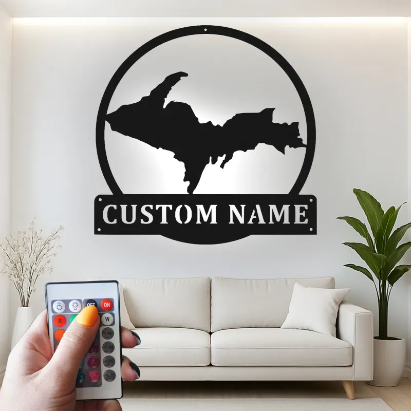 Cartel de metal personalizado con luz LED de la Península Superior, regalo personalizado de Michigan, decoración para la sala de estar o la oficina