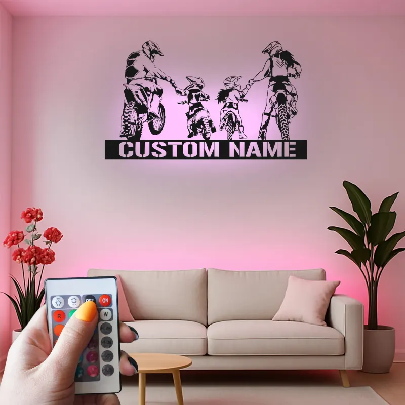 Custom Family Motocross Led Light Metal Wall Art Personalized Gift for Dirt Bike Enthusiasts Garage or Game Room Decor
